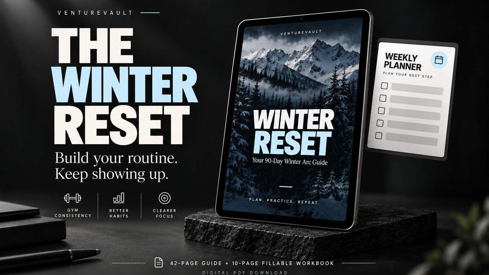 The Winter Reset on a tablet: 90-day winter arc guide with weekly planner.