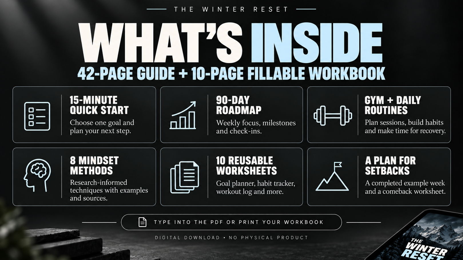 What's inside: 42-page guide and 10-page fillable workbook covering quick start, roadmap, routines, mindset, worksheets, and setbacks.